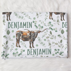 Custom Longhorn Cow Swaddle Blanket | Personalized Baby Boy Farm Name Blanket | Cow Nursery | New Mom Gift | Newborn Gift | Cow Baby Shower