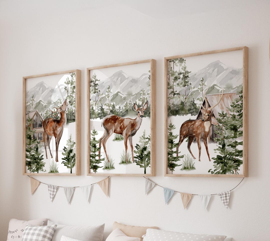 Set of 3 Deer Prints, Woodland Wall Art Set, Forest Posters, Modern Art ...