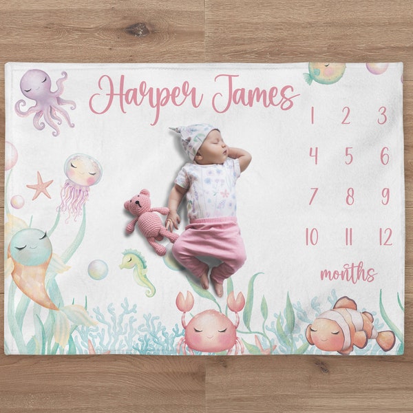 Couverture Ocean Milestone, couverture personnalisée bébé fille sous la mer, cadeau personnalisé pour baby shower, hippocampe sous-marin