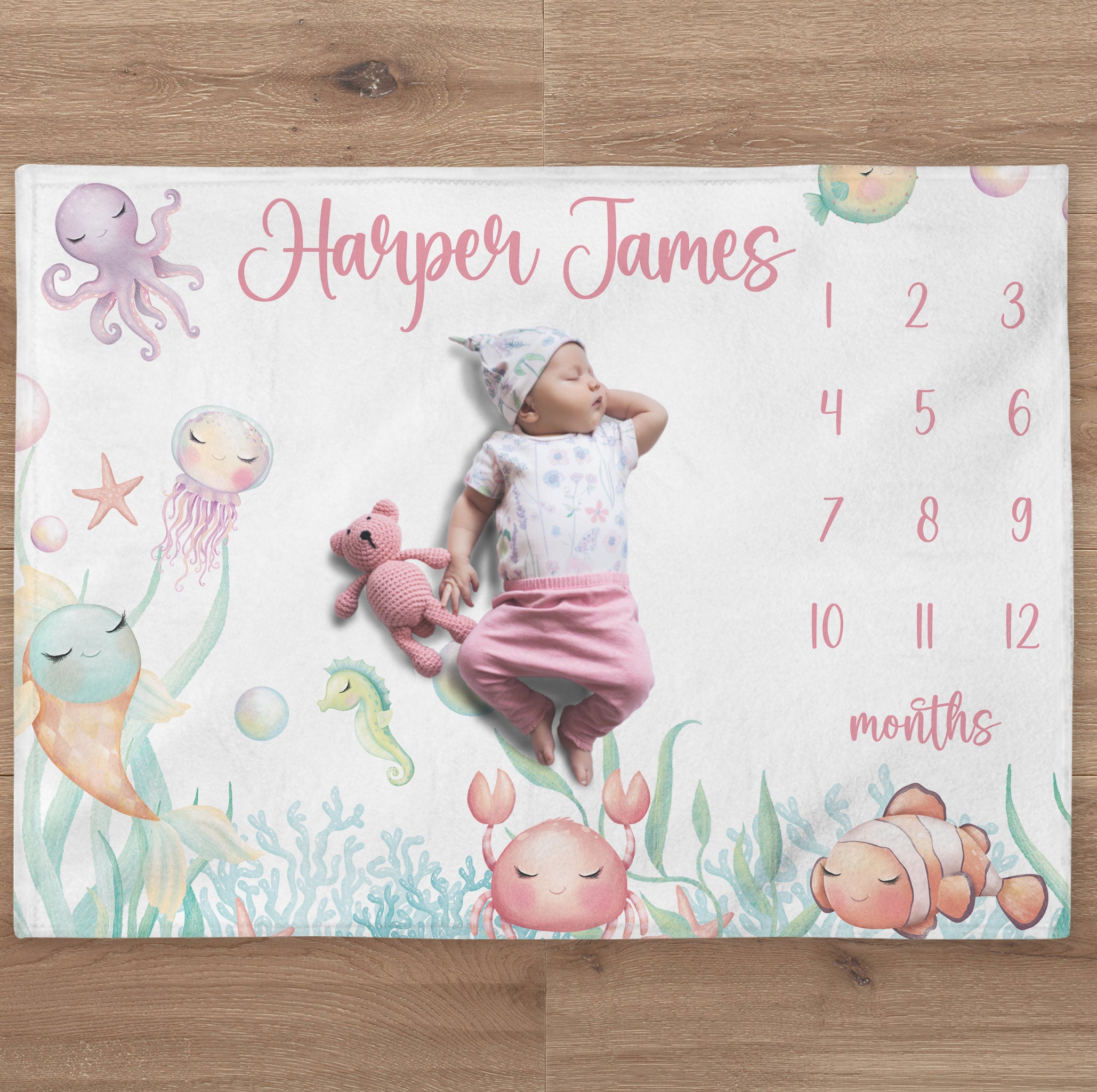 Ocean Milestone Blanket, Custom Baby Girl Under the Sea Baby Name ...