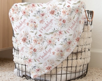 Custom Wildflower Baby Name Blanket Personalized Pink Flower Swaddle Hospital Blanket New Mom Gift Floral Boho Newborn Gift Baby Shower Gift