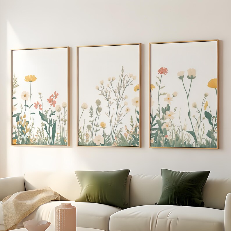 Boho Nursery Wall Art, Set of 3 Wildflower Prints, Vintage Flower
