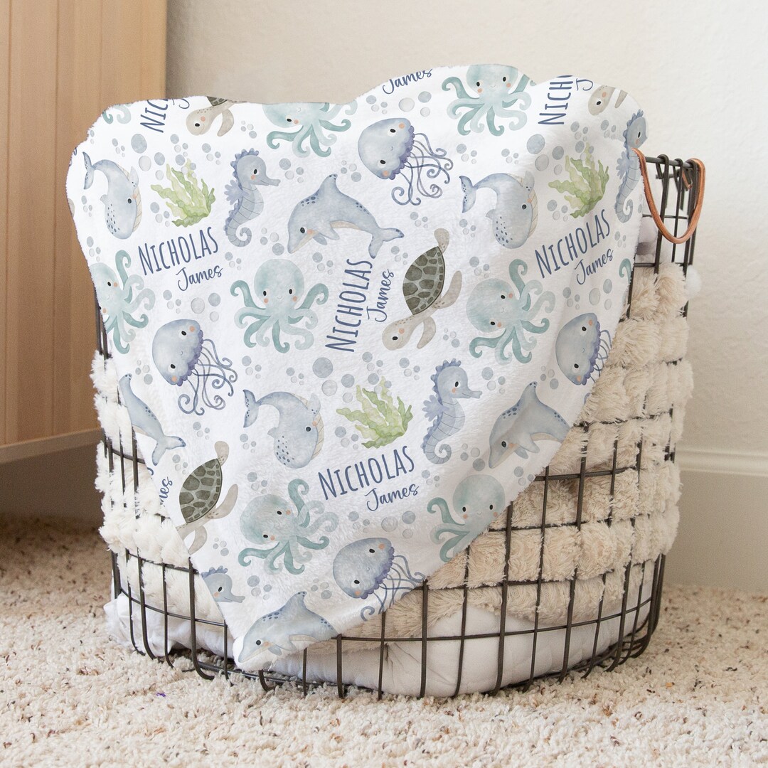 Custom Ocean Baby Name Blanket Personalized Sea Animals Swaddle ...