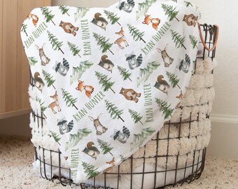 Custom Woodland Swaddle, Custom Baby Boy Forest Name Blanket, Personalized Bear Fox Swaddle, New Mom Gift, Newborn Gift, Baby Shower Gift