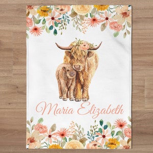 Highland Cow Name Blanket, Custom Floral Girl Name Blanket, Farm Blanket, Personalized Yellow Flowers Baby Name Blanket, Baby Shower Gift