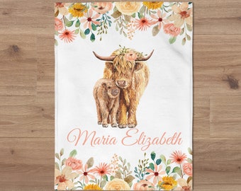Highland Cow Name Blanket, Custom Floral Girl Name Blanket, Farm Blanket, Personalized Yellow Flowers Baby Name Blanket, Baby Shower Gift