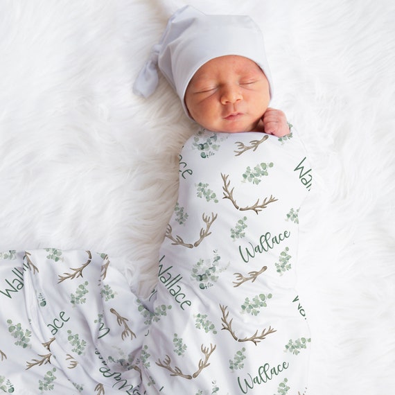 Personalized Antler Baby Blanket, Custom Name Floral Nursery Decor, Pink Flowers & Greenery Design, Soft Fleece Wrap For Girl, Rustic Woodland Theme, Cozy Receiving Blanket For Newborn