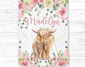 Floral Rose Baby Girl Blanket, Personalized Highland Cow Name Blanket, Custom Pink Flowers Blanket, Newborn Gift, Floral Baby Shower Gift