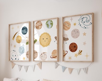 Set of 3 Planet Prints, Space Wall Art Set, Sun Posters, Modern Art, Astronaut Kids Bedroom Decor, Boy Nursery Decor, Playroom Prints