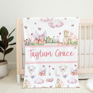 Personalized Dragon Baby Girl Name Blanket | Fairy Tale Name Blanket | New Baby Gift |  Custom Dragon Theme Nursery | Baby Shower Gift