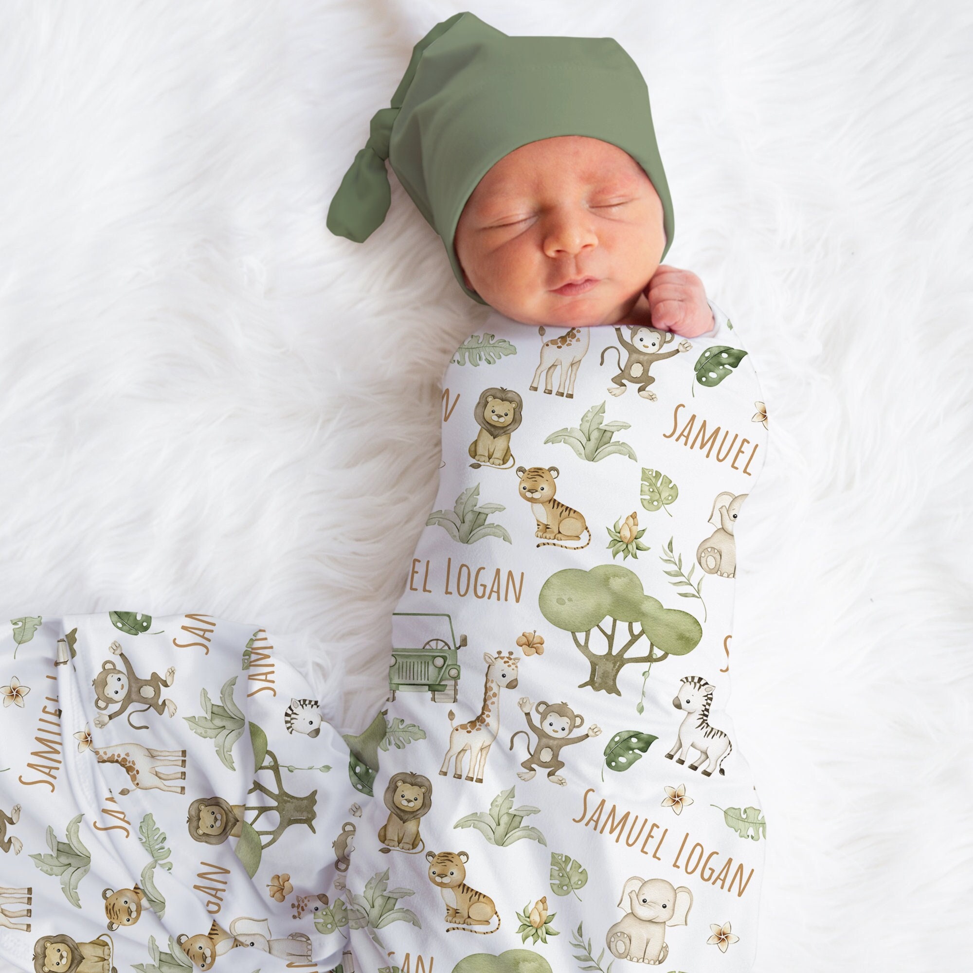 Custom Safari Swaddle Blanket, Personalized Baby Boy Elephant Name Blanket, Giraffe Lion Blanket, New Mom Gift, Newborn Gift, Baby Shower