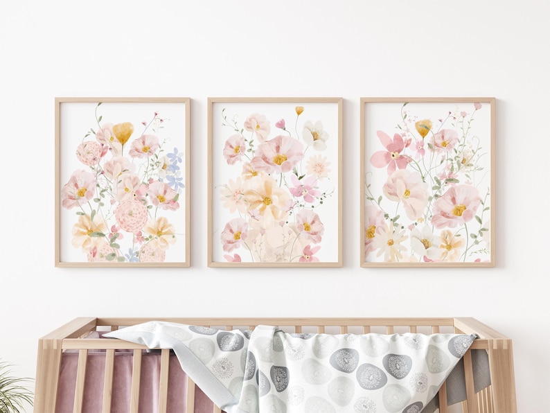 Set of 3 Wildflower Prints, Pink Flowers Wall Art Set, Floral Posters ...