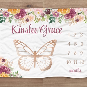 Butterfly Milestone Blanket, Custom Floral Butterfly Girl Blanket, Personalized Baby Month Blanket, Newborn Gift, Butterfly Baby Shower Gift