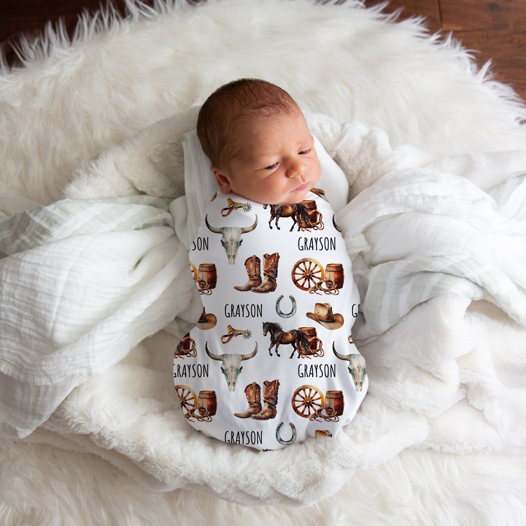 Personalized Cowboy Swaddle Blanket, Custom Western Name Blanket