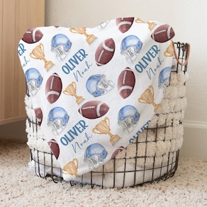 Football Nursery Baby Blanket, Personalized Blue Sports Name Swaddle Baby Shower Gift, Custom New Mom Hospital Blanket, Newborn Gift