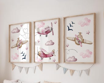 Set of 3 Pink Airplanes Prints, Airplanes Wall Art Set, Birds Posters, Modern Art, Kids Bedroom Decor, Girl Nursery Decor, Playroom Prints