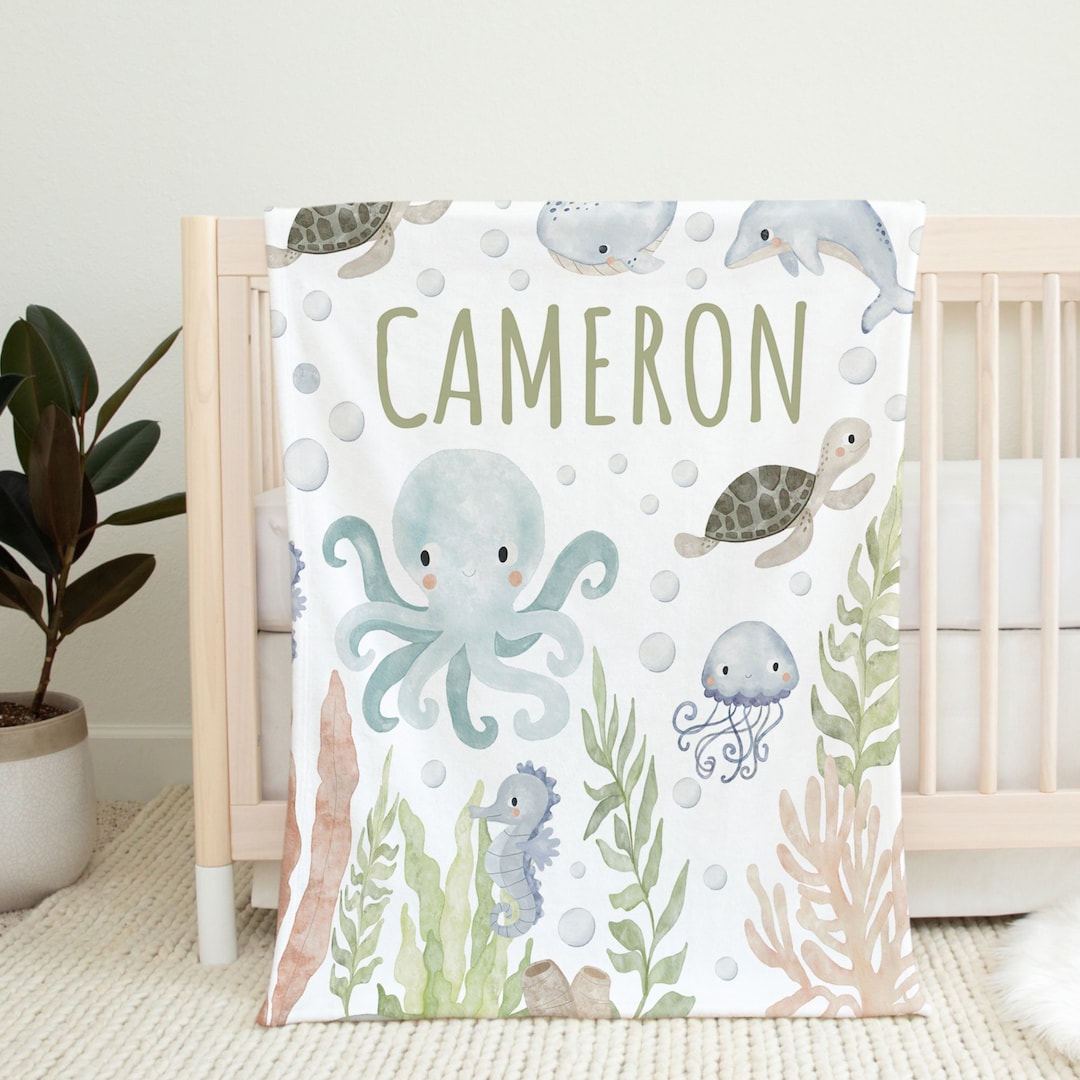 Personalized Ocean Baby Boy Name Blanket Custom Sea Turtle Nursery New ...