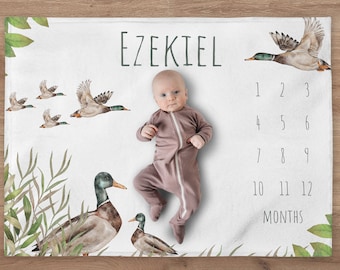 Mallard Duck Milestone Blanket, Personalized Duck Baby Boy Month Blanket, Personazlized Baby Gift, Baby Shower Gift