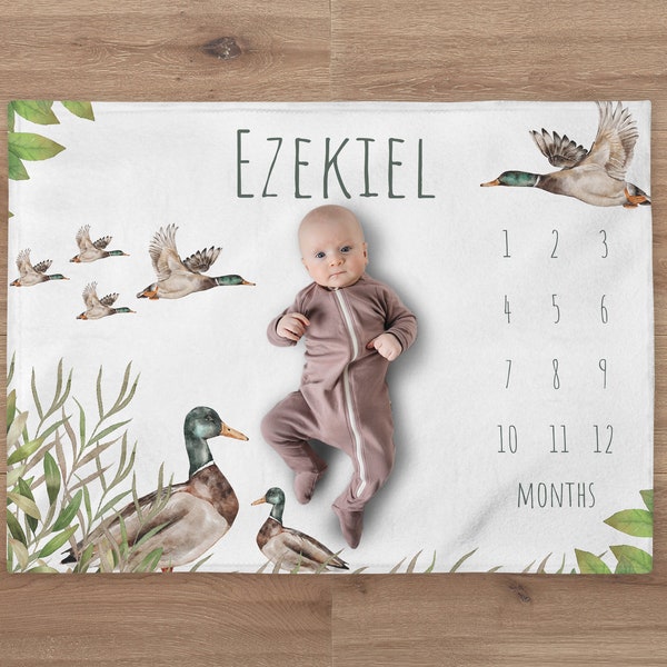 Mallard Duck Milestone Blanket, Personalized Duck Baby Boy Month Blanket, Personazlized Baby Gift, Baby Shower Gift