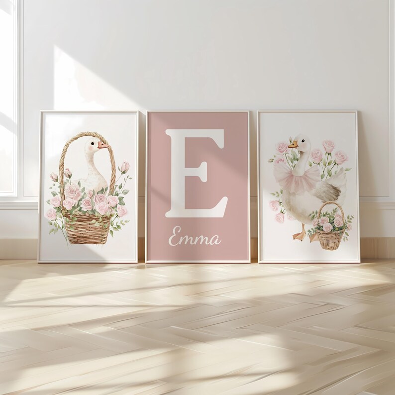 Custom Goose Prints, Set of 3 Pink Roses Nursery Wall Art, Boho, Floral ...