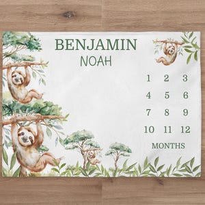 Sloth Milestone Blanket Personalized Baby Boy Month Blanket Safari Nursery Custom Newborn Growth Calendar Tracker New Mom Baby Shower Gift