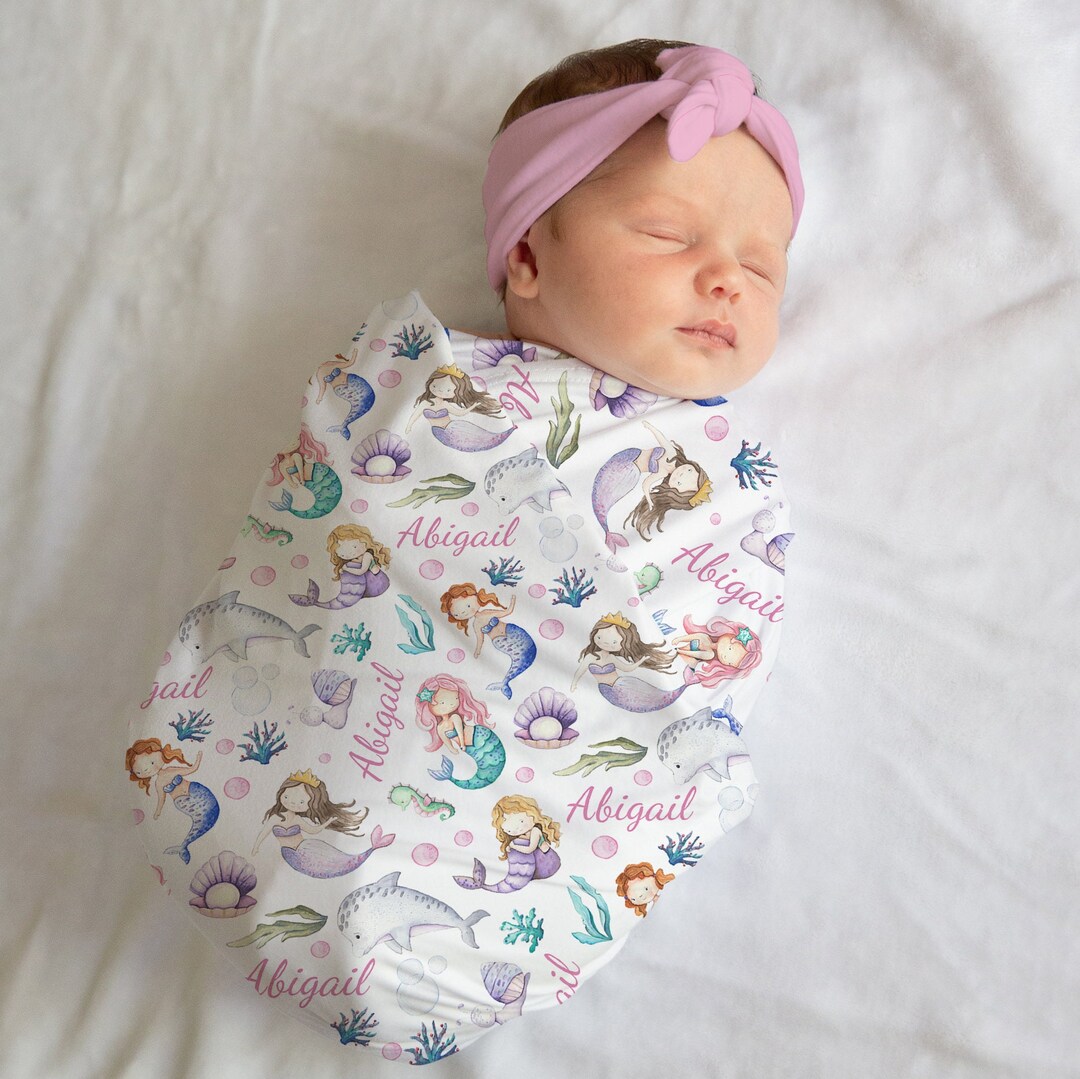 Mermaids Swaddle, Custom Mermaids Baby Name Blanket, Personalized Baby