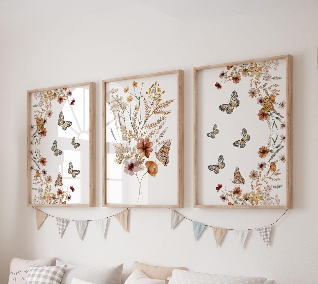 Set of 3 Butterflies Prints, Wildflowers Wall Art Set, Flowers Posters ...
