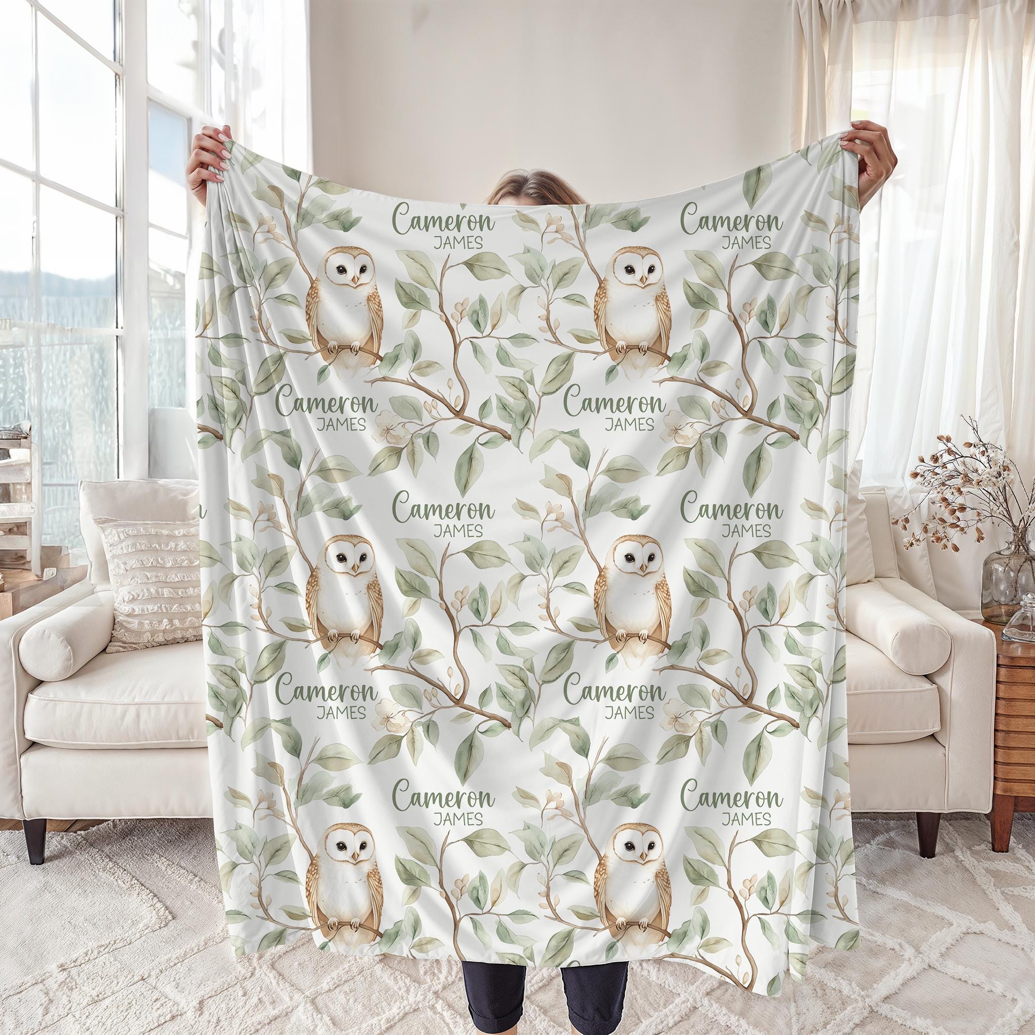 Owl Nursery Baby Blanket, Personalized Forest Name Swaddle Baby Shower Gift, Custom Woodland New Mom