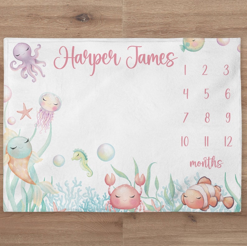 Ocean Milestone Blanket, Custom Baby Girl Under the Sea Baby Name ...
