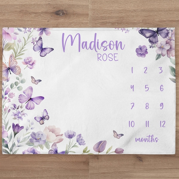 Floral Butterfly Milestone Blanket Personalized Baby Girl Month Blanket Purple Flower Nursery Custom Age Tracker New Mom Baby Shower Gift