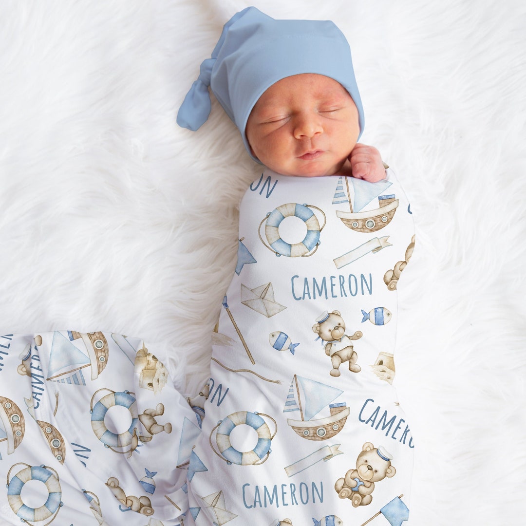Custom Teddy Bear Blanket, Baby Boy Nautical Swaddle, Nautical Swaddle