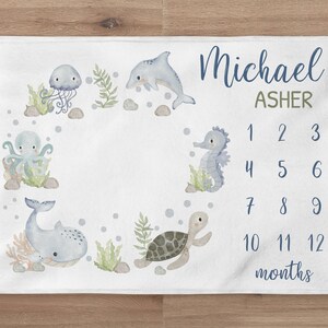 Baby Boy Ocean Milestone Blanket, Under the Sea Baby Name Blanket ...