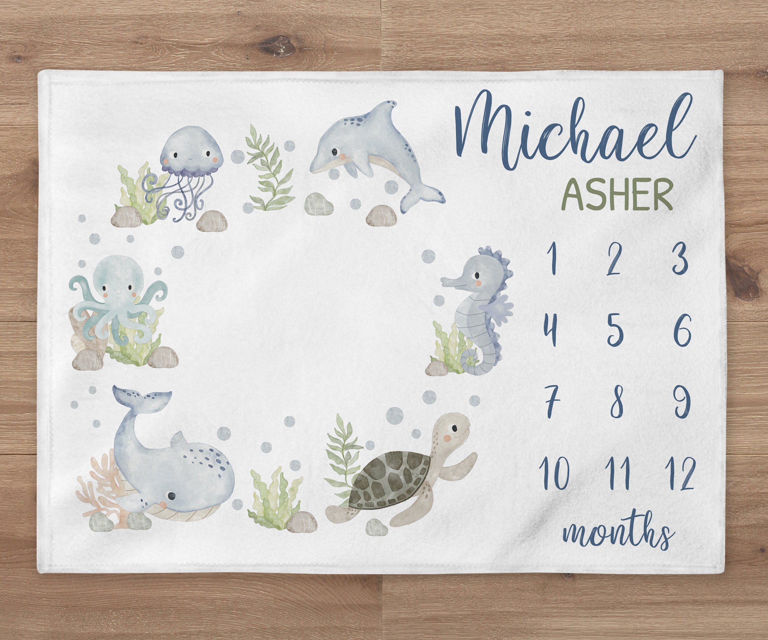 Baby Boy Ocean Milestone Blanket, Under the Sea Baby Name Blanket ...