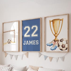 Custom Soccer Prints, Set of 3 Sport Nursery Wall Art, Boho, Football Baby Boy Nursery Decor, Watercolor Sport, Personalized Name Sign