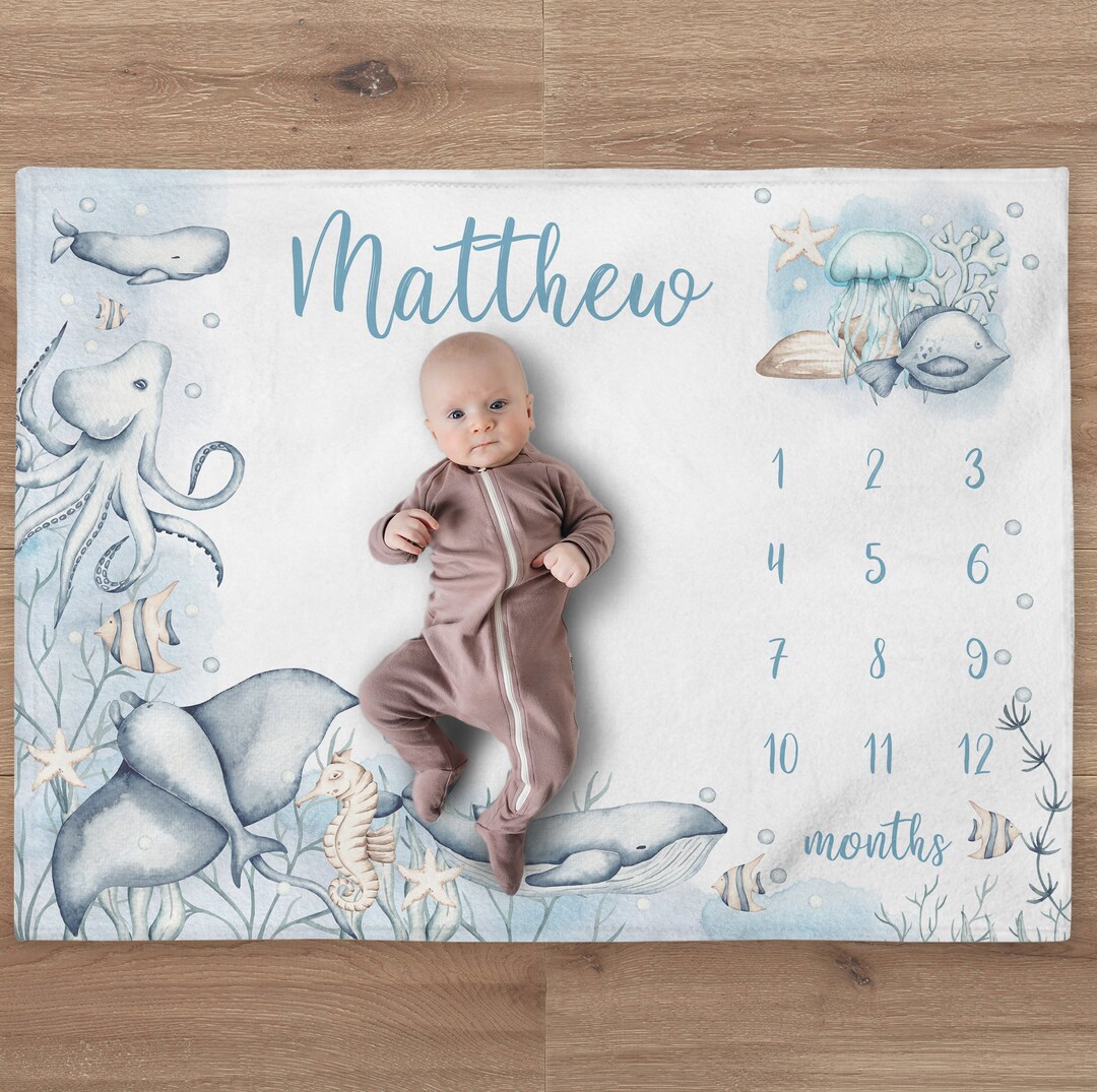 Whale Milestone Blanket Personalized Baby Boy Month Blanket Ocean ...