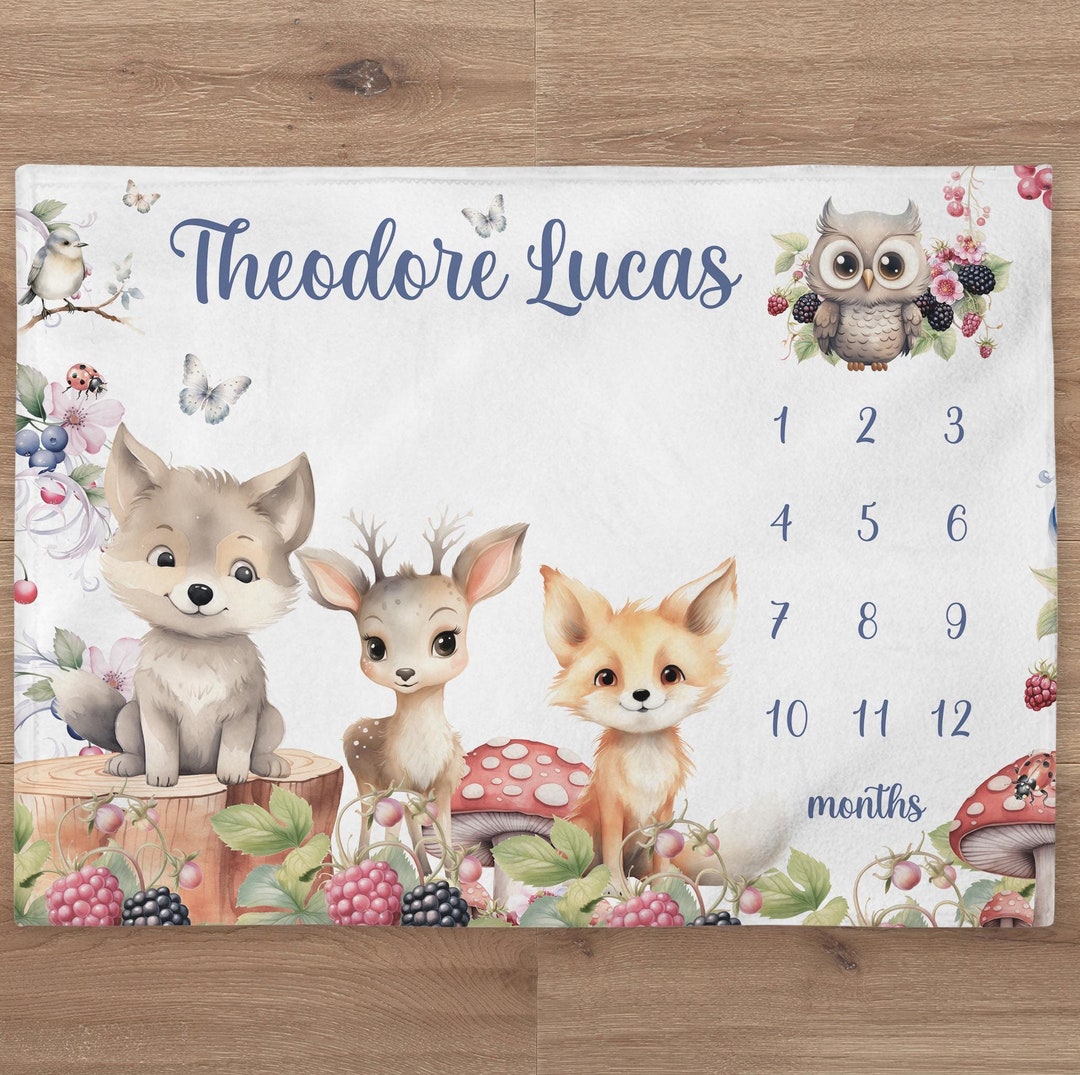 Woodland Milestone Blanket Personalized Baby Boy Month Blanket Deer Fox ...