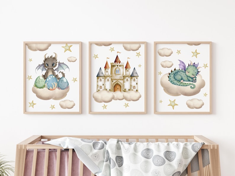 Set of 3 Dragon Prints, Castle Wall Art Set, Stars Posters, Modern Art ...