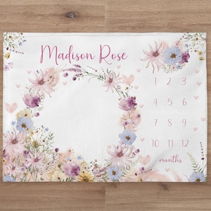 Flowers Milestone Blanket Personalized Floral Baby Girl Month Blanket Wildflower Nursery Custom Newborn Age Tracker New Mom Baby Shower Gift