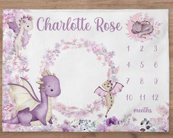 Dragon Milestone Blanket Personalized Baby Girl Month Blanket Flowers Nursery Custom Newborn Age Growth Tracker New Mom Baby Shower Gift