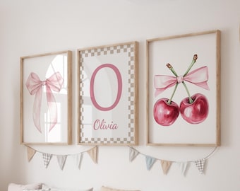 Custom Cherry Prints, Set of 3 Pink Bow Nursery Wall Art, Boho, Baby Girl Nursery Decor, Watercolor Cherry, Personalized Bow Name Sign