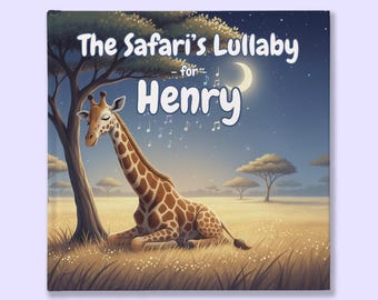 May include: A children's book cover titled "The Safari's Lullaby for Henry." The illustration features a giraffe resting under a tree in a savanna setting at night, with a crescent moon and musical notes. The giraffe has brown spots and is lying down.