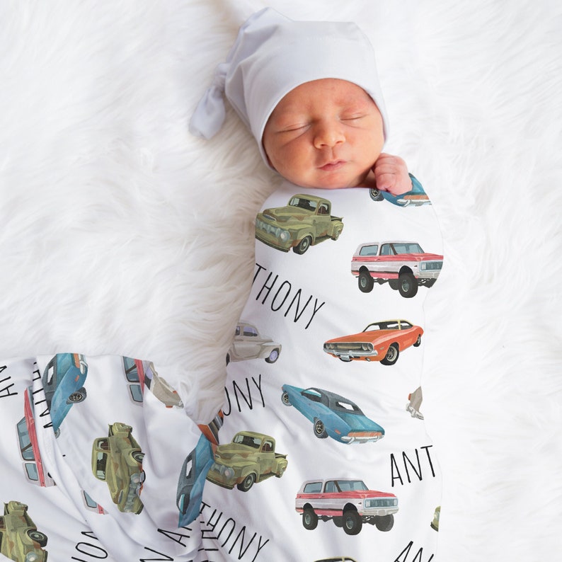 Custom Cars Baby Name Blanket, Personalized Baby Boy Vintage Cars Swaddle, New Mom Gift, Vehicle Newborn Gift, Retro Cars Baby Shower Gift image 1