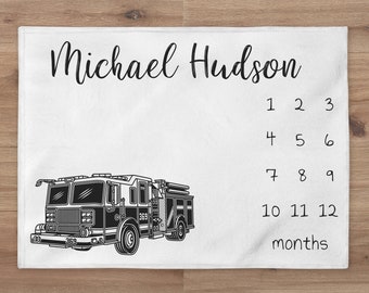 Fire Truck Milestone Baby Blanket, Custom Firefitghter Baby Boy Month Blanket, Fire Truck Milestone Quilt, Newborn Gift, Baby Shower Gift