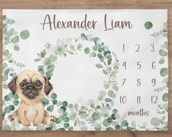 Doggy Milestone Blanket Personalized Puppy Dog Baby Boy Month Blanket Doggy Nursery Custom Age Newborn Calendar Tracker New Mom Baby Gift