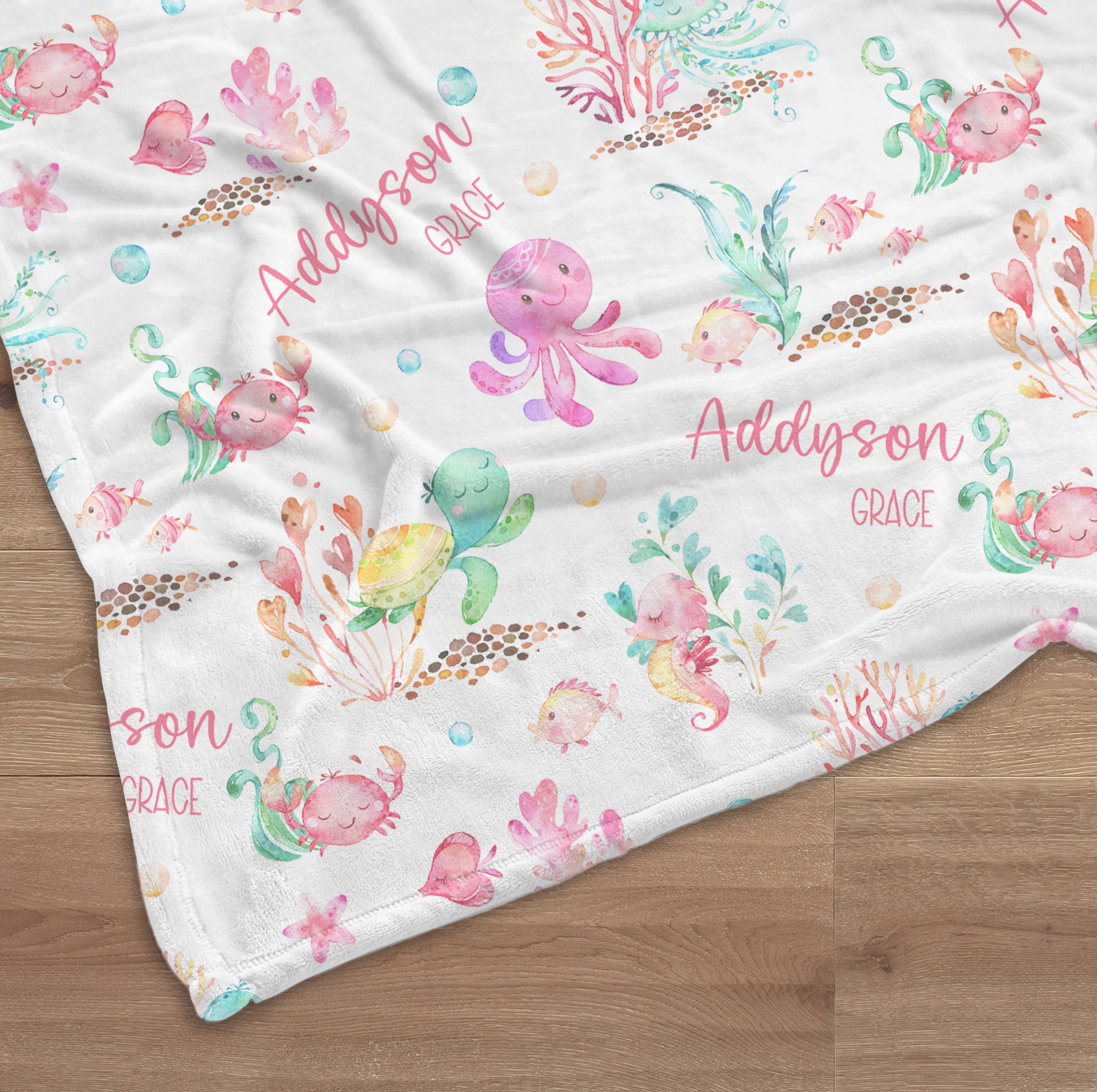 Sea Animals Name Swaddle, Custom Girl Ocean Blanket, Personalized ...