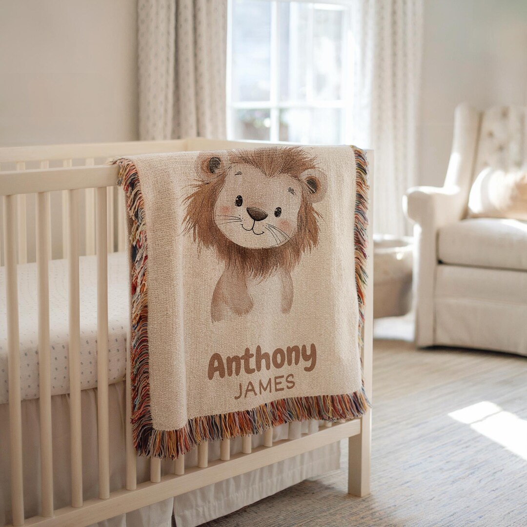 Personalized Lion Woven Baby Blanket With Name, Lion Safari Nursery ...