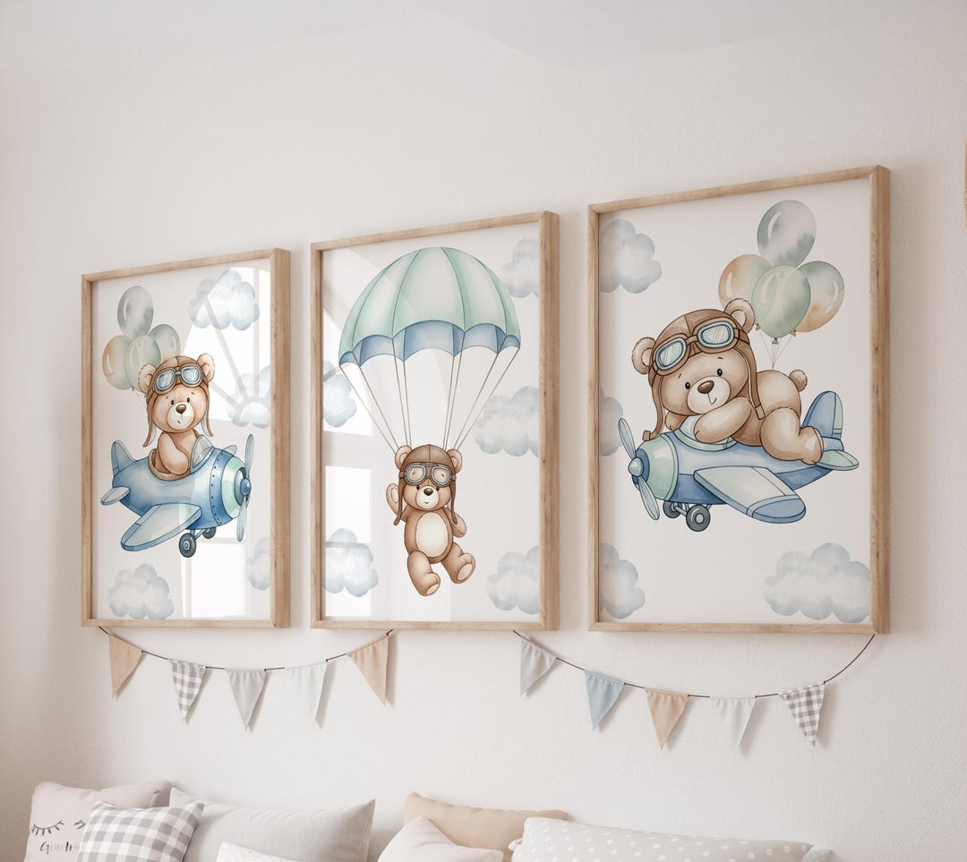Set of 3 Teddy Bear Prints, Air Balloon Wall Art Set, Airplane Posters ...
