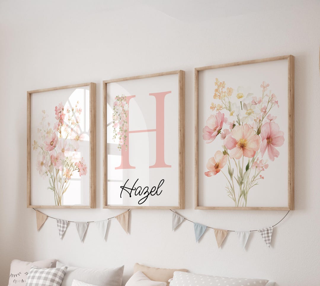Custom Wildflowers Prints, Set of 3 Pink Flowers Nursery Wall Art, Boho ...