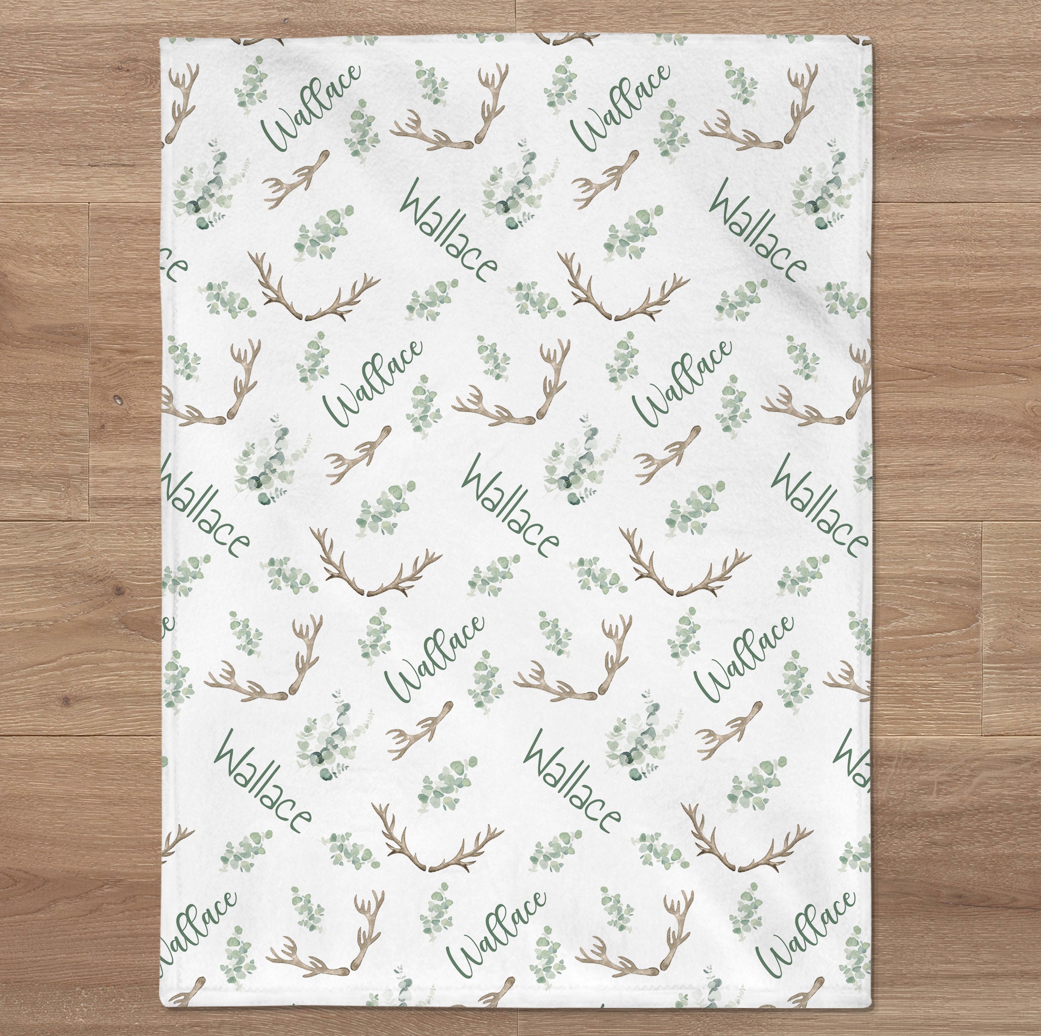 Personalized Antler Baby Blanket, Custom Name Floral Nursery Decor, Pink Flowers & Greenery Design, Soft Fleece Wrap For Girl, Rustic Woodland Theme, Cozy Receiving Blanket For Newborn