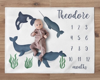 Whale Milestone Blanket, Custom Underwater Blanket, Personalized Ocean Baby Boy Month Blanket, Newborn Gift, Underwater Baby Shower Gift
